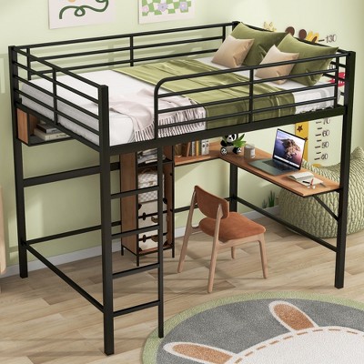 Vynxaria Full Size Metal & Wood Loft Bed with L -shaped desk and shelves, Black and Brown