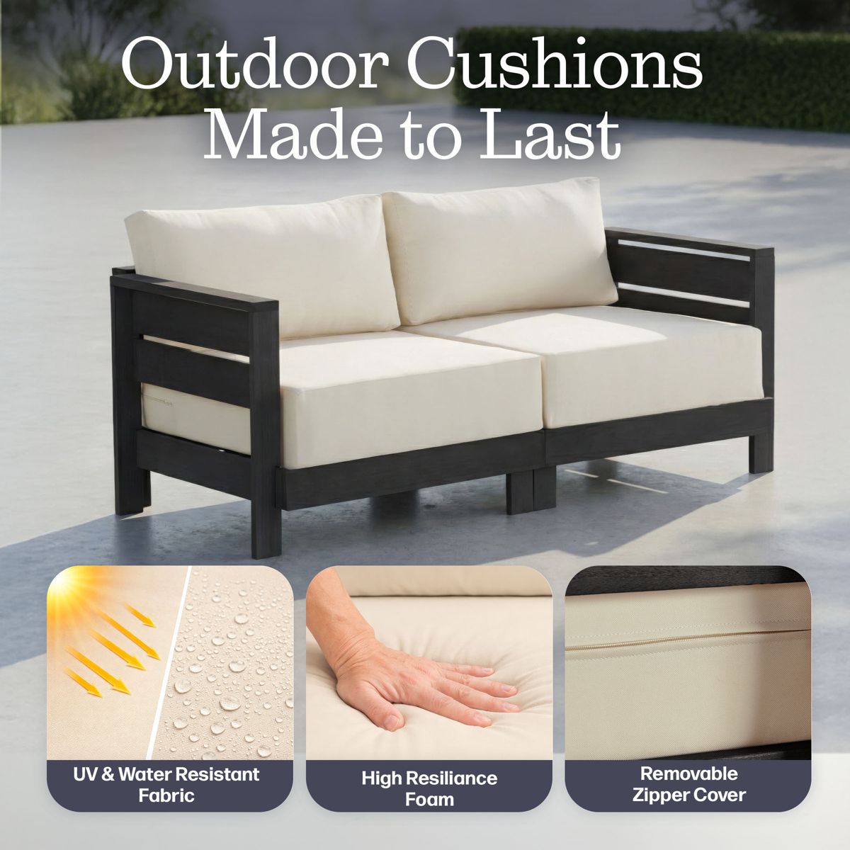 Alaterre Furniture Barton Outdoor Patio Loveseat - Weather-Resistant Eucalyptus Wood Outdoor Loveseat with Thick Cream Cushions - 2 Seater (Black) - thumbnail 4