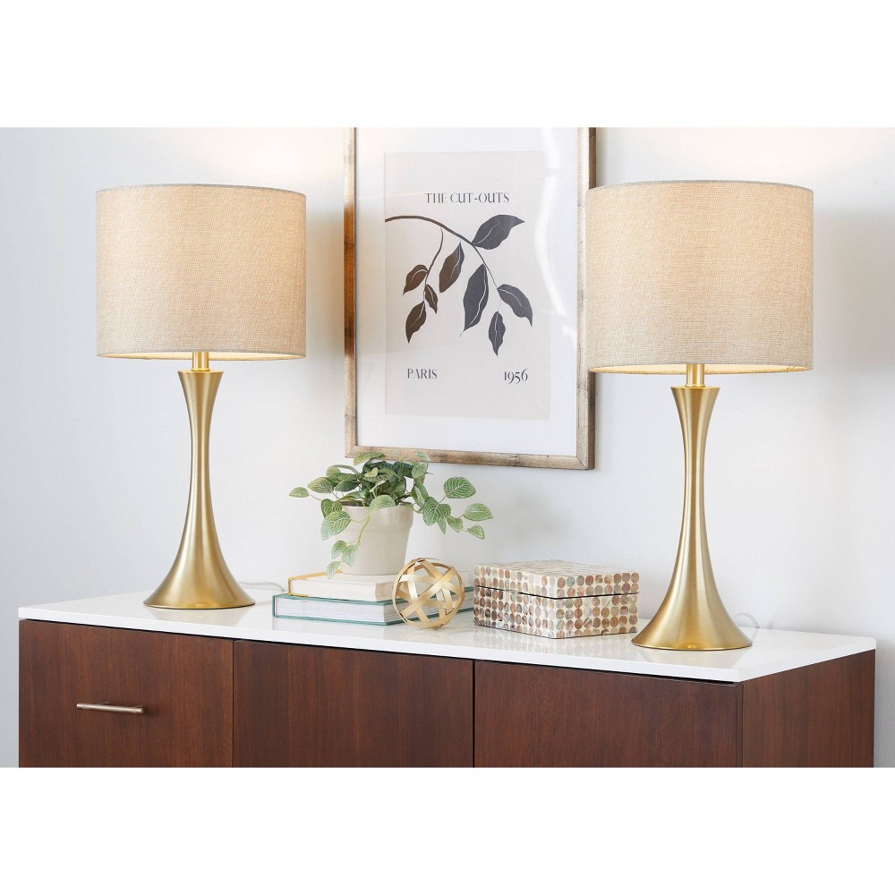 Photos - Floodlight / Street Light LumiSource  Lenuxe 24" Contemporary Metal Table Lamps Gold Metal with Golden Metallic Linen Shade from Grandview G(Set of 2)