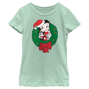 Girl's Betty Boop Christmas Characters Wreath T-Shirt - 1 of 4