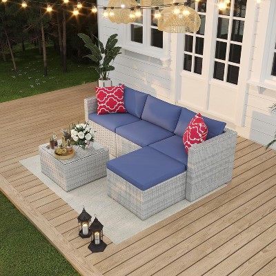 5 Piece Patio Furniture Set, Rattan Outdoor Patio Furniture Sofa Set with Non-Slip Cushions, Glass Coffee Table and Ottoman