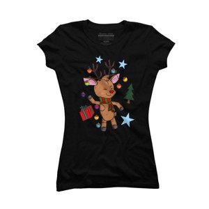 Junior's Design By Humans Christmas Reindeer By Mitalim T-Shirt - 1 of 3