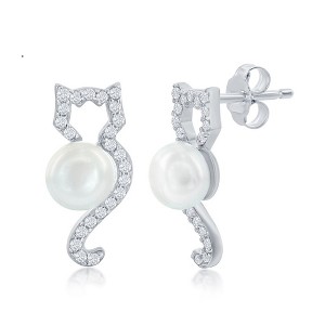 Bella Silver Sterling Silver CZ Cat with Round Pearl Earrings - White - 1 of 2