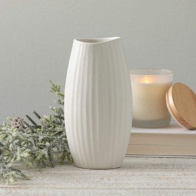 Seashell Textured Matte White Ceramic Vase, 9" Tall