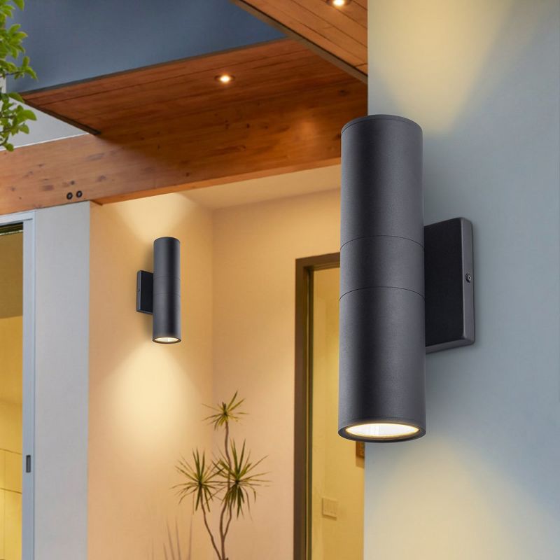 C Cattleya 2-Light Black Aluminum Cylinder LED Outdoor Wall Lantern Sconce, 2 of 7