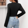 Women's Black Bodysuit with 3D Floral Long Sleeve Round Neck Romper Stretch Basic Top - 3 of 4