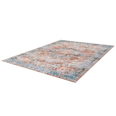 Washable Rug with Rubber Backing, Vintage Distressed Soft Low Pile Oriental Medallion Carpet for Kitchen & Entryway, Farmhouse Style, Brick Red