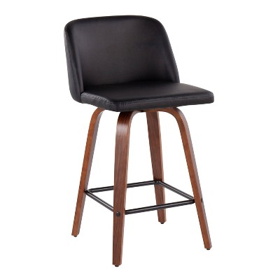 Set of 2 Black Faux Leather and Walnut Wood Swivel Barstools