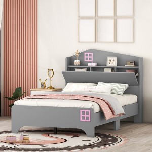 House Platform Bed, Full/Twin Size Bed Frame, Wood Platform Bed With Storage Headboard For Kids - 1 of 4