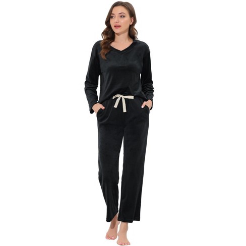 Cheibear Womens Velvet Sleepwear Tracksuits With Pockets V-neck