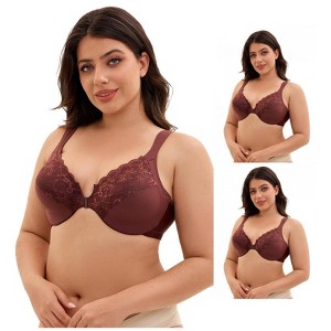 INSPIRE CHIC 3 Pcs Women's Front Closure Lace Trim Underwire Adjustable Straps Plunge Bras - 1 of 4