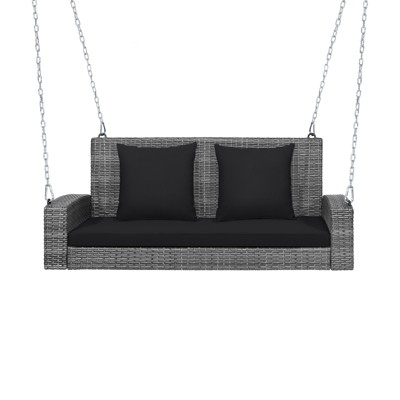 Tangkula Outdoor Porch Swing Bench, Patio Wicker Hanging Swing with Rustproof Chains & Comfortable Cushions Off White/Turquoise/Red/Black