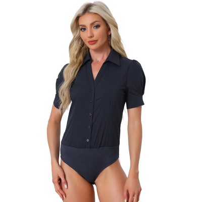 Allegra K Women's Office Button Down One-piece Short Sleeve Bodysuit Work  Shirt Navy Blue Large : Target