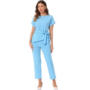 INSPIRE CHIC Women's Round Neck Short Sleeve Belted Asymmetry Tops and Elastic Waist Trousers 2 Piece Sets - 1 of 4