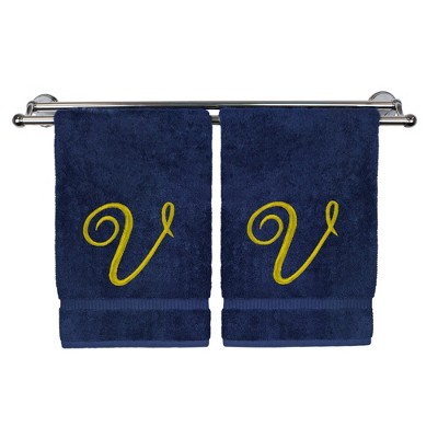 BC BARE COTTON Monogrammed Hand Towel, 100% Turkish Cotton - Set of 2 - Navy - Gold Script