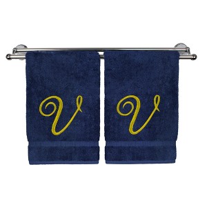 BC BARE COTTON Monogrammed Washcloth Towel, 13x13 Inches - Set of 2 - Embroidered Towel - Navy Blue - Gold Script - 1 of 4