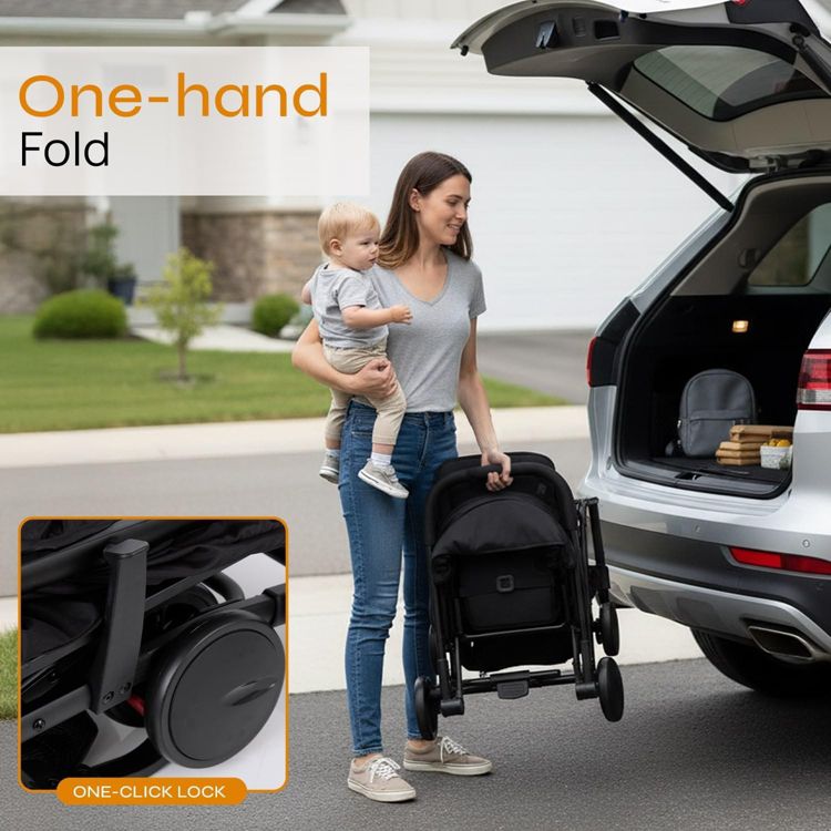 A person holding a folded black colored stroller with one hand while carrying a child, next to an open car trunk, with text reading "One-hand Fold" and "ONE-CLICK LOCK."