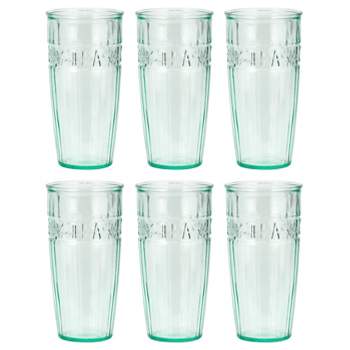 Amici Home Italian Recycled Green Tea Hiball Glass, Drinking Glassware with Green Tint, Embossed Teal Leaves Design, Set of 6,18-Ounce