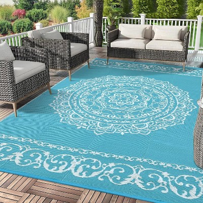 Waterproof Outdoor Rug - Reversible Plastic Straw w/ Leaf Pattern - For Patio, Deck, RV, Camping