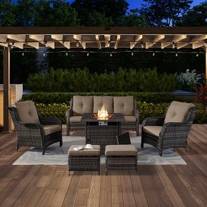 POCASSY 6PCS Patio Furniture Set with Square Fire Pit Table, All Weather Wicker Outdoor Conversation Set with Sofa, Patio Chairs, Firepit and Ottoman - 1 of 4