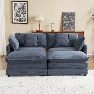 Whisen 75" Modern Design Sofa Couch, Large Loveseat Sofa with 2 Movable Ottomans and Side Storage Pockets