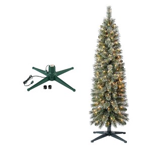 Home Heritage Stanley Pine Artificial Christmas Tree, PreLit 150 Clear Lights, 5' with Rotating Metal Base Stand for Living Spaces, Green - 1 of 4
