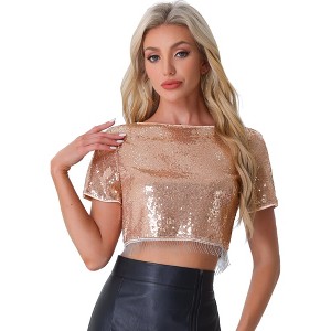 INSPIRE CHIC Women's Sequin Glitter Short Sleeve Cropped Round Neck Tassel Cocktail Party Sparkly Top - 1 of 4