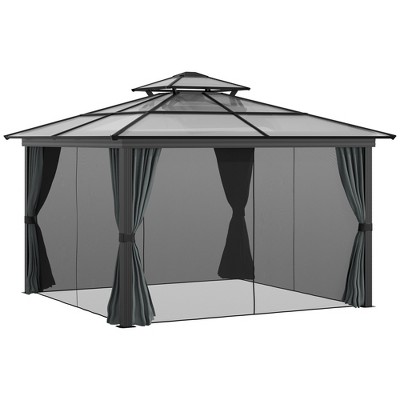 Black Aluminum Frame Hardtop Gazebo with Polycarbonate Roof and Curtains