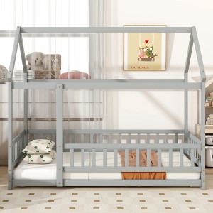 TIRAMISUBEST Twin/Full Size House Floor Bed with Roof Frame and Safety Guardrails, Rubber Wood House Bed Montessori Bed with Fence - 1 of 4