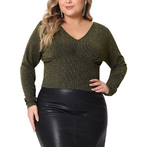 Agnes Orinda Women's Plus Size Metallic V Neck Long Sleeve T-Shirt Glitter Party Blouses - 1 of 4