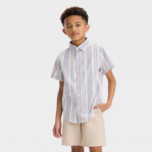 Boys' Short Sleeve Striped Poplin Button-Down Shirt - Cat & Jack™ Blue - image 1 of 3