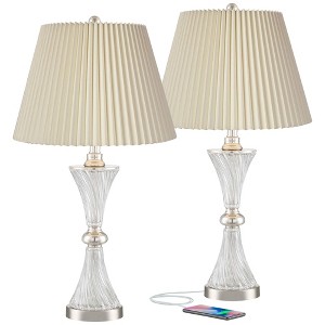 Regency Hill Luca Modern Table Lamps 25 1/2" High Set of 2 Twisted Glass with USB Charging Port Ivory Pleat Drum Shade for Bedroom Living Room Desk - 1 of 4