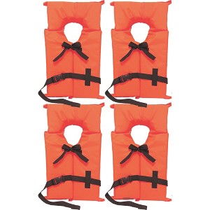 4 Pack Coast Guard approved life jackets for adults. High visibility color Type II keyhole life vest in classic May West style. - 1 of 4