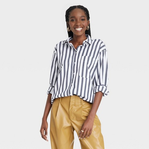 Women's Long Sleeve Oversized Button-down Shirt - A New Day™ Navy/white S :  Target