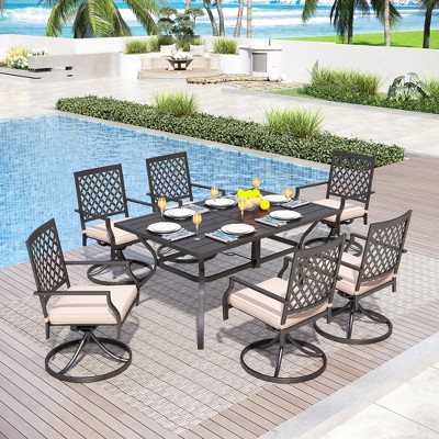 Captiva Designs 7pc Outdoor Patio Dining Slat-top Rectangle Steel Table & Swivel Metal Chairs with Cushions