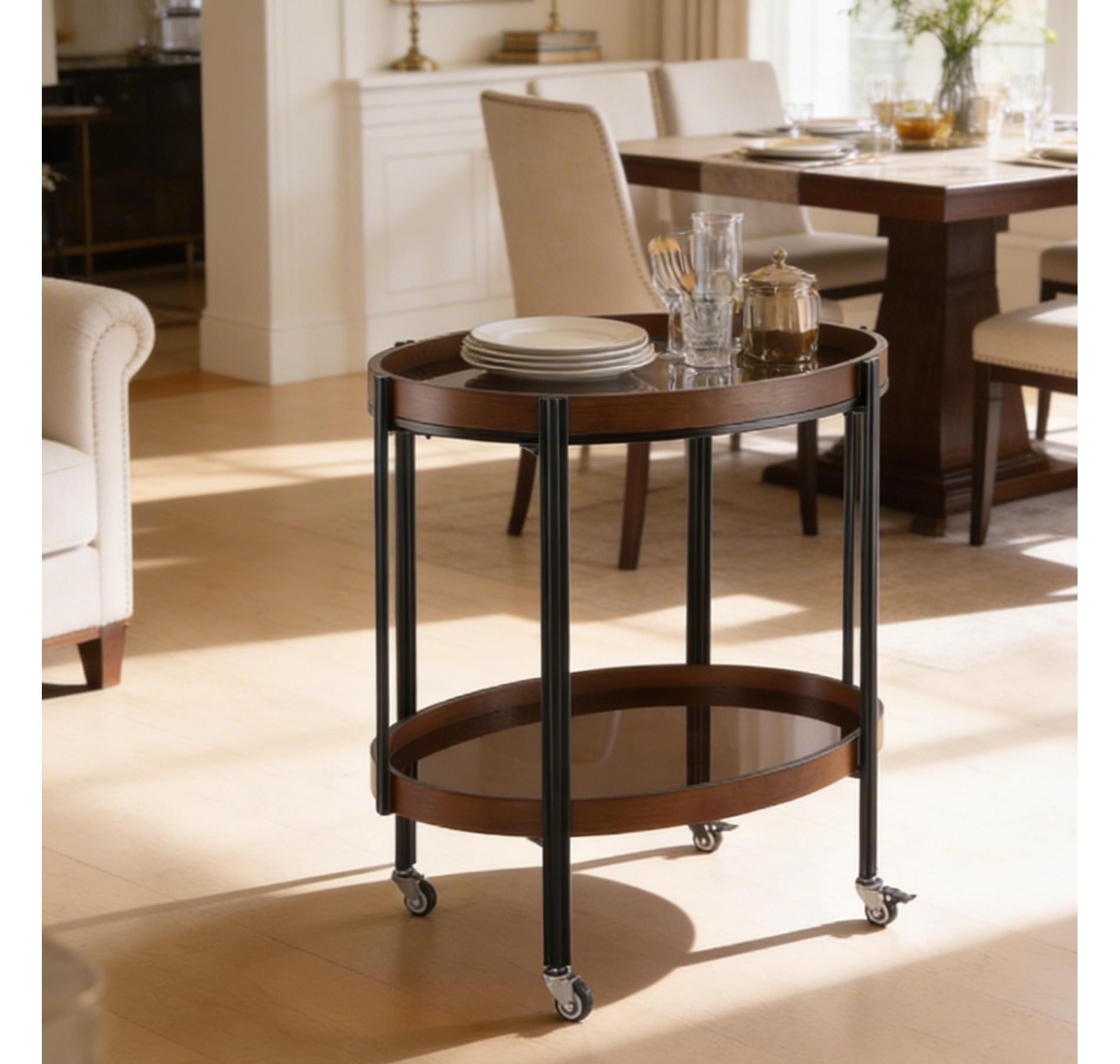 Oval Brown Bar Cart with 2 Tempered Glass Shelves, Rolling Serving Cart with Metal Frame for Dining Room, Kitchen and Home Bar