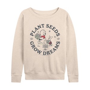 Women's - Winnie The Pooh - Poohs Farm Plant Seeds Lightweight French Terry Wide Neck Long Sleeve Graphic Shirt - 1 of 4