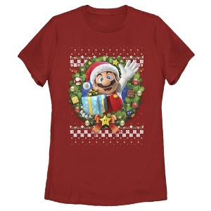 Women's Nintendo Ugly Christmas Mario Wreath T-Shirt - 1 of 3