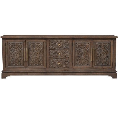 HomeRoots 106" Brown Distressed Solid Wood Carved Floral Three Drawer Sideboard with Four Doors