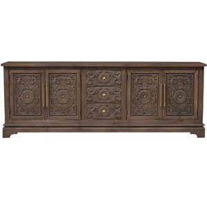 HomeRoots 106" Brown Distressed Solid Wood Carved Floral Three Drawer Sideboard with Four Doors - 1 of 4