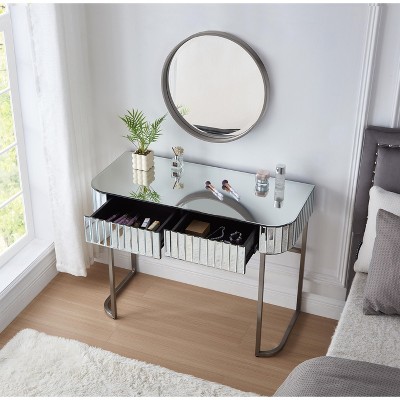 39" Mirrored Makeup Vanity Table with Stainless Steel Base, Mirrored Console Dressing Table with 2 Drawers,Versatile Desk for Bedroom, Silver