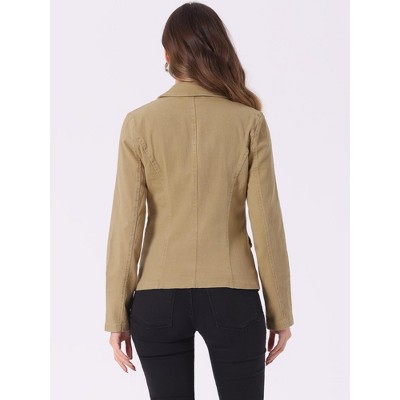 INSPIRE CHIC Women's Notched Lapel Button Up Long Sleeve Washed Denim Blazer Medium Khaki — фото 2
