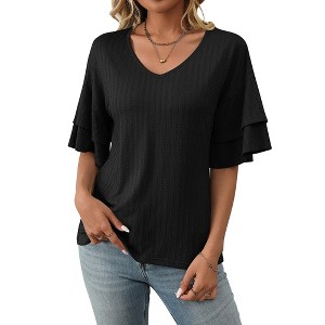 Clearlove Women's V-Neck Peplum Top with Textured Detail - 1 of 4