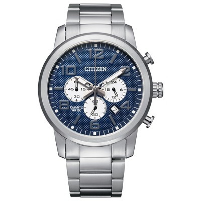 Citizen Quartz Silver-Tone Stainless Steel Chronograph Watch with Blue Dial
