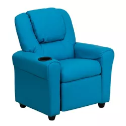 Emma and Oliver Turquoise Vinyl Kids Recliner with Cup Holder and Headrest