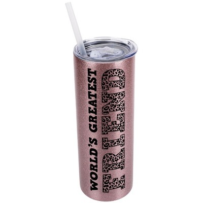 Elanze Designs Leopard Pattern Bubblegum Pink 20 Ounce Double Wall Stainless Steel Glitter Travel Tumbler With Sliding Lid And Straw, World's Greatest