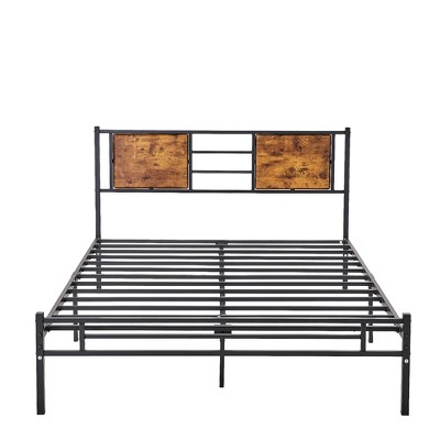 VECELO Full/Queen/King Size Bed Frame with Wooden Headboard, Metal Bed Platform No Box Spring Needed with Heavy Duty Steel Slat, Brown