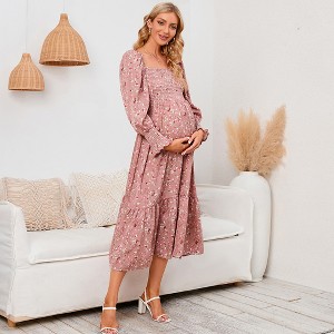 Maternity Dress with Bell Sleeves & Smocked Waist, Floral Print Long Sleeve Dress for Pregnant Women Daily Wear - 1 of 4