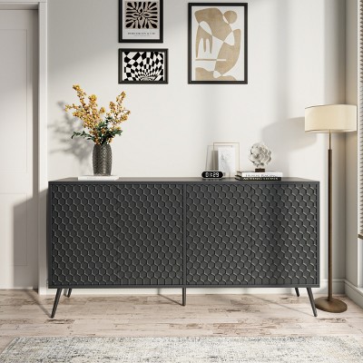 63" Modern Sideboard Buffet Cabinet with Honeycomb Doors and 4 Adjustable Shelves for Dining Room or Entryway-Baofuwish