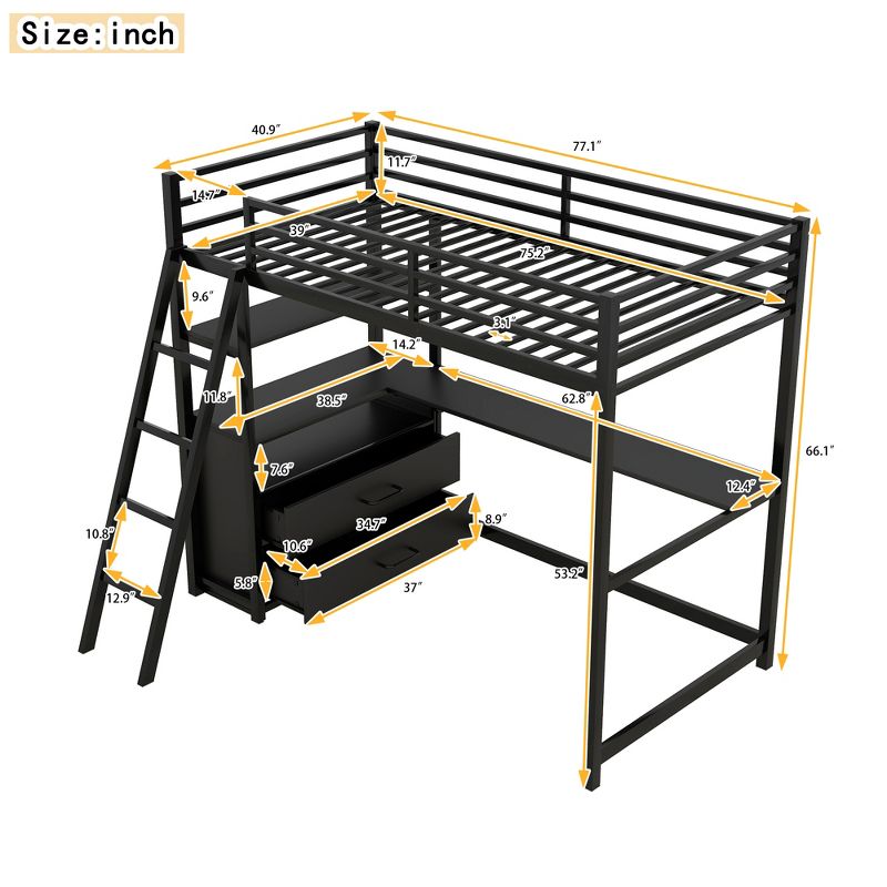 Twin Size Metal Loft Bed with Desk, Shelves and Two Built-in Drawers - ModernLuxe, 4 of 12